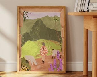 May include: A framed illustration of a person walking with two llamas on a path in a green mountainous landscape. The person is wearing a colorful poncho and the llamas are white.