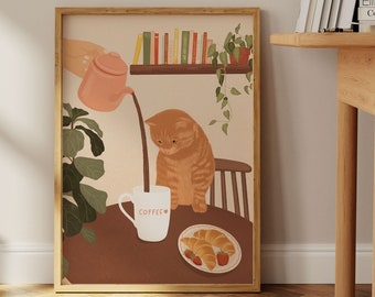 Stampa d'arte gatto, stampa caffè, arredamento cucina, poster gatto divertente, poster amante del caffè, regalo di inaugurazione della casa, stampa amante del caffè