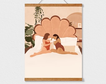 Queer Frauen Kunstdruck: Lesbisches Paar, Boho Schlafzimmer Deko
