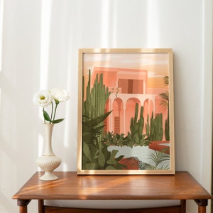 Pink Majorelle Garden, Morocco Art Print, Marrakech Print, Moroccan Architecture Illustration, Travel Vacation Wall Art, Palm Tree Print