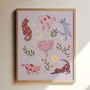 Mystisk katttryck, nyckfull Fairycore-väggkonst, kattälskarepresent
