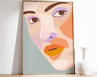 Abstract Face Art Print, Blue Purple and Yellow Modern Wall Art, With Poster Hanger, Colorful Female Portrait Painting