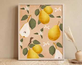 Food Art, Pear Fruit Poster, Botanical Art Print, Kitchen Poster, Boho Home Decor, Kitchen Wall Decor, Fruit Illustration Print, Dining Room