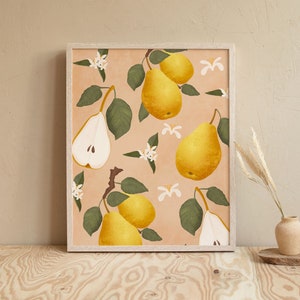 Food Art, Pear Fruit Poster, Botanical Art Print, Kitchen Poster, Boho Home Decor, Kitchen Wall Decor, Fruit Illustration Print, Dining Room