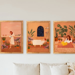 Set of 3 Terracotta Art Prints, Peaceful Botanical Wall Art, Plant Lady Illustration Prints