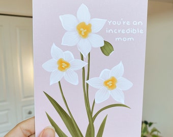 Moederdagkaart met bloemen: narciskunst, blanco binnenkant