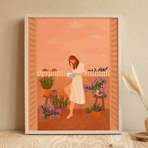 Arte de mujer leyendo, regalos de bibliotecaria, impresión artística femenina, regalo para amantes de las plantas, impresión de arte de pared botánico, regalos de Navidad para mamá de hija, nuevo