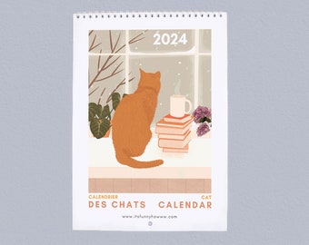 2024 Cat Calendar, Cat Wall Calendar, Gift for Her, 2024 Illustrated Calendar, Cat Lover Gift, Illustrated Monthly Calendar