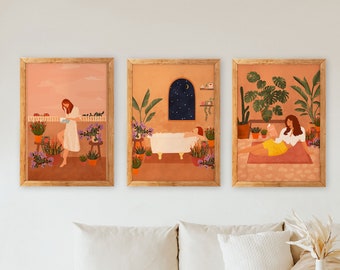 Set of 3 Terracotta Art Prints, Peaceful Botanical Wall Art, Plant Lady Illustration Prints