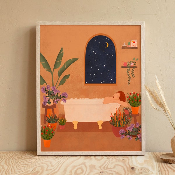 Lady Bathing surrounded by plants, Home illustration print, Art print, Woman illustration, Wall art, Peaceful botanical illustration