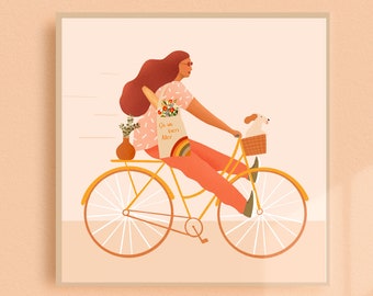 Woman Riding A Bike Illustration Art Print, Bicycle Wall Art, Cycling Art print, Feminist Poster, Girl on a Bike Poster