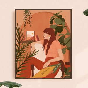 Peaceful Wall Art of a Crazy Plant Lady, Illustration Print, Art print, Woman illustration, Wall art, Botanical Terracotta Wall Art