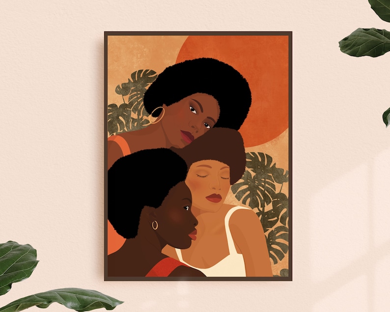 May include: Three women with dark skin and dark hair are depicted in a digital illustration. The women are close together, with their faces turned towards the viewer. The background is a warm orange color with green leaves.