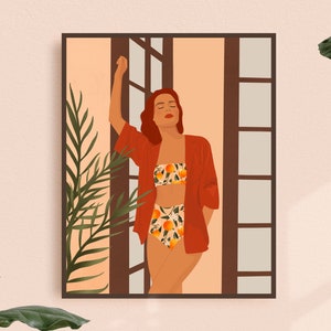 Woman sunbathing Art Print, Summer Poster, Peaceful Wall Art, Woman Illustration Print, Female Art, Botanical Print, Plant Print