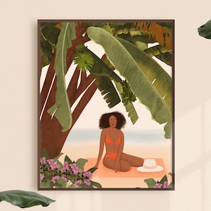 Black Woman on the Beach Art Print, Black Girl Illustration, Tropical Vacation Wall Art, Travel Poster, Bathroom Print, Afro Woman Print