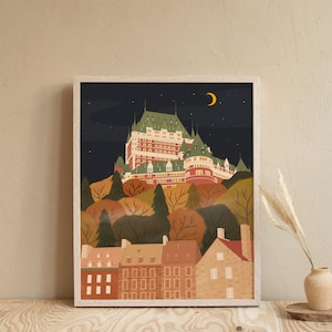 May include: A framed illustration of a castle-like building with a crescent moon in the night sky. The building is surrounded by trees and smaller buildings. The colors are muted and warm, with shades of brown, green, and yellow.