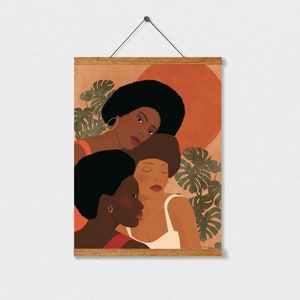 May include: Three women with dark skin and afro hairstyles are depicted in a digital illustration. The women are wearing colorful clothing and are surrounded by green leaves. The background is a warm orange color.