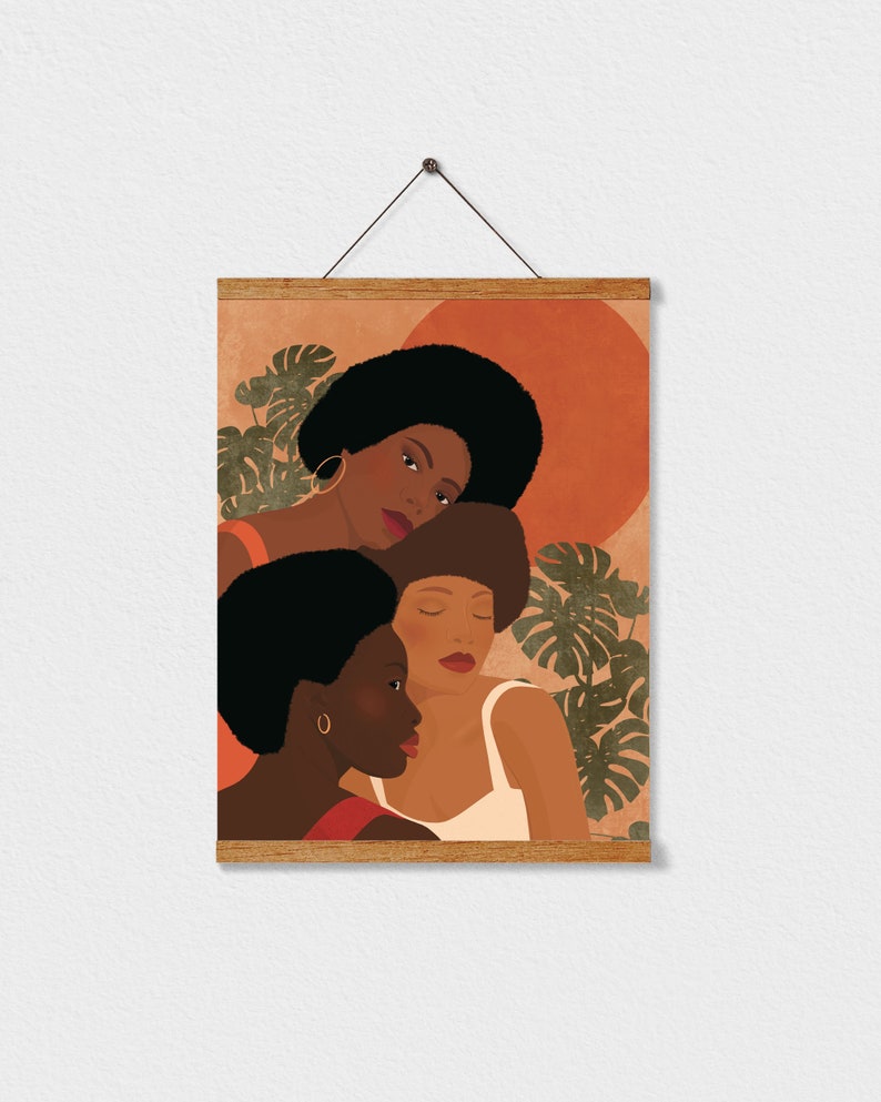 May include: Three women with dark skin and afro hairstyles are depicted in a digital illustration. The women are wearing colorful clothing and are surrounded by green leaves. The background is a warm orange color.