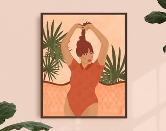 Body Positive Art Print, Self Love Wall Art, Peaceful Terracotta Illustration Print, Botanical Art Print, Curvy Woman Portrait Wall Art