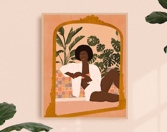 Black Girl Surrounded by Plants Wall Art, Black Woman Print