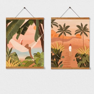 Tropical Art Print, Set of 2 Boho Chic Wall Art, Beach Art Print, Beach House Decor,Peaceful Art Print, Travel Poster, Gallery Wall Set,Boho With Hanger