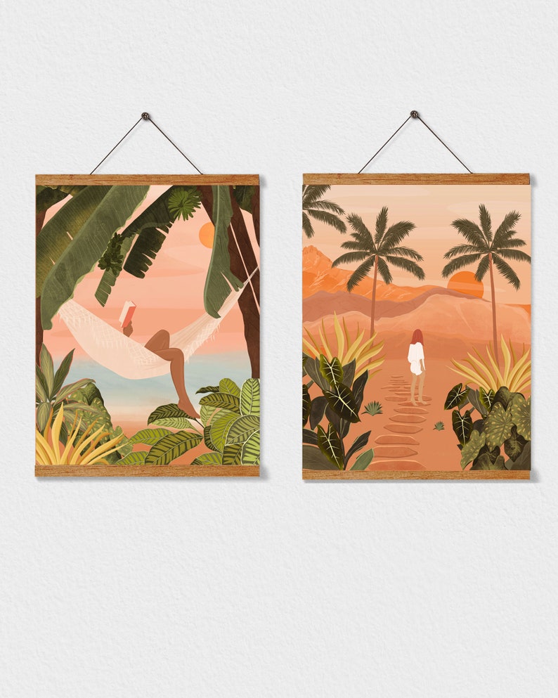 Tropical Art Print, Set of 2 Boho Chic Wall Art, Beach Art Print, Beach House Decor,Peaceful Art Print, Travel Poster, Gallery Wall Set,Boho With Hanger