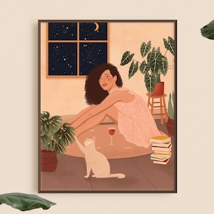 Cat Lady Art Print, Cat Mom Gift, Plant Lady Wall Art, zwarte feministische poster, kat illustratie print, meisje met kat muurkunst, poster slaapzaal, poster kunst aan de muur