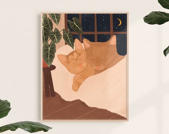 Orange Cat Art Print: Cozy Winter Scene, Cat Lover Gift