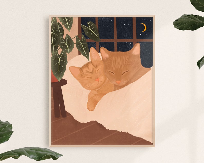 Cat Art Print, Cozy Cat Decor, Cat Mom Gift, Housewarming Gift, Cute Cat Decor, Cat Lover Gift image 1