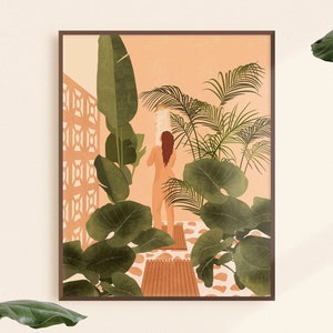 Puede incluir: Una ilustraci&oacute;n digital de una persona de pie en una ducha rodeada de exuberantes plantas tropicales verdes. El fondo es de color melocot&oacute;n.