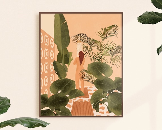 Boho Tropical Art Print, Woman in Jungle Shower, Botanical Illustration