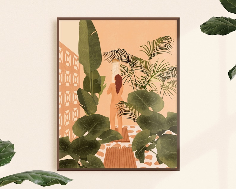 Puede incluir: Una ilustraci&oacute;n digital de una persona de pie en una ducha rodeada de exuberantes plantas tropicales verdes. El fondo es de color melocot&oacute;n.