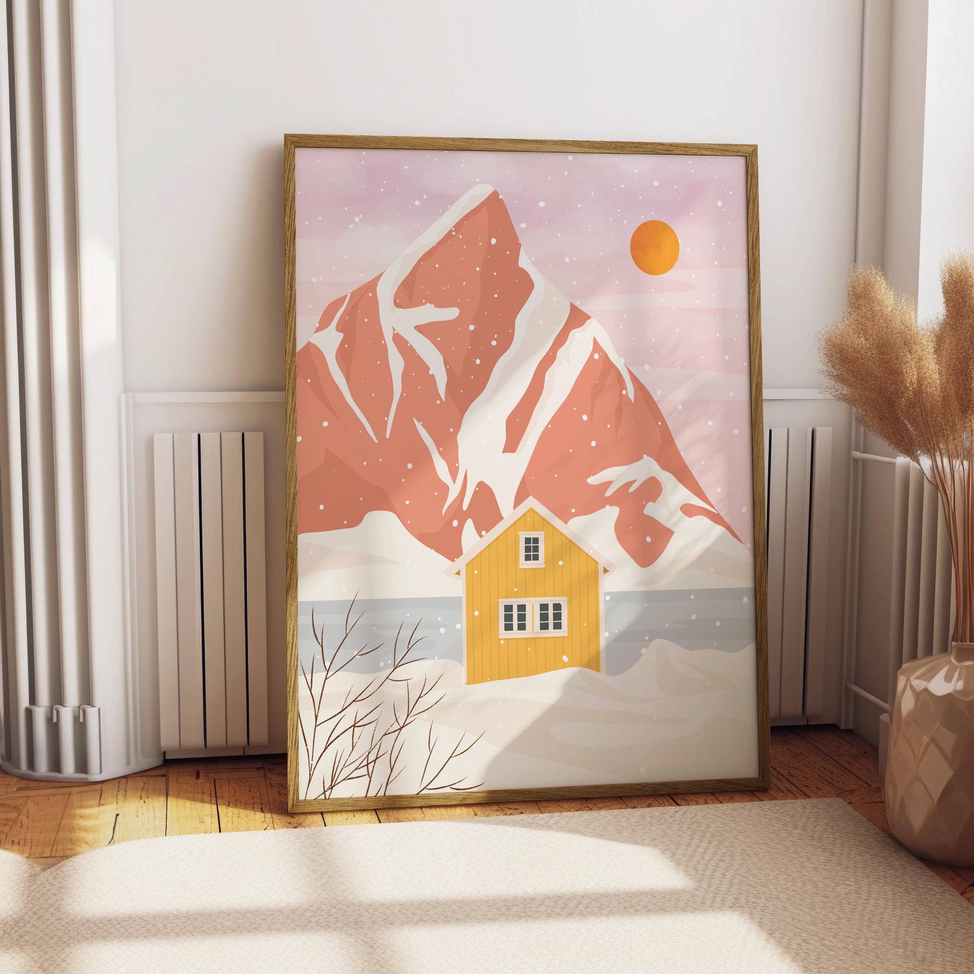 Lofoten Norway Winter Print: Scandinavian Cabin, Snowy Mountain