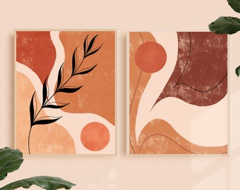 Abstract Art Print Set of 2, Terracotta Art Gallery Wall Set, Mid Century Minimal Art Prints, Boho Botanical Art Print, Wall Decor Set of 2