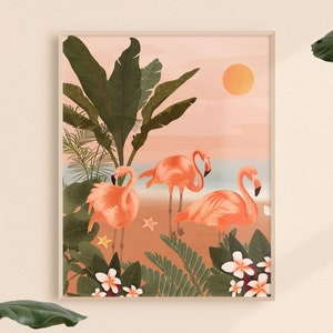 Flamingos on a Beach Art Print, Gift for Her, Tropical Bathroom Wall Art, Colourful Prints, Landscape Art, Beach wall art, Animal Wall Print