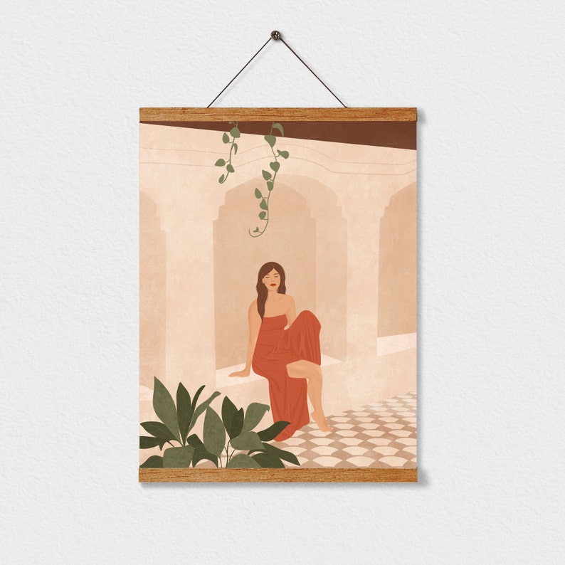 Boho Woman Illustration Print, Neutral Minimalist Art Print, Earth Tones Mediterranean Wall Art, Peaceful Boho Botanical Art Print With Hanger