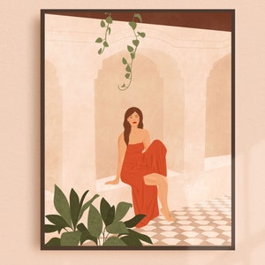 Boho Woman Illustration Print, Neutral Minimalist Art Print, Earth Tones Mediterranean Wall Art, Peaceful Boho Botanical Art Print image 1