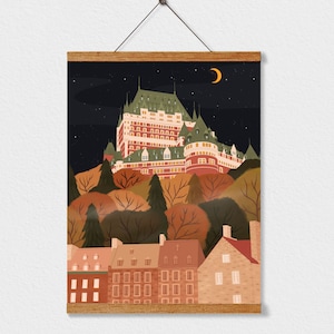 May include: A digital illustration of a cityscape at night with a large castle-like building on a hilltop. The castle is lit up with yellow windows and has a green roof. The city below is made up of smaller buildings with red roofs. The sky is dark blue with a crescent moon and stars.