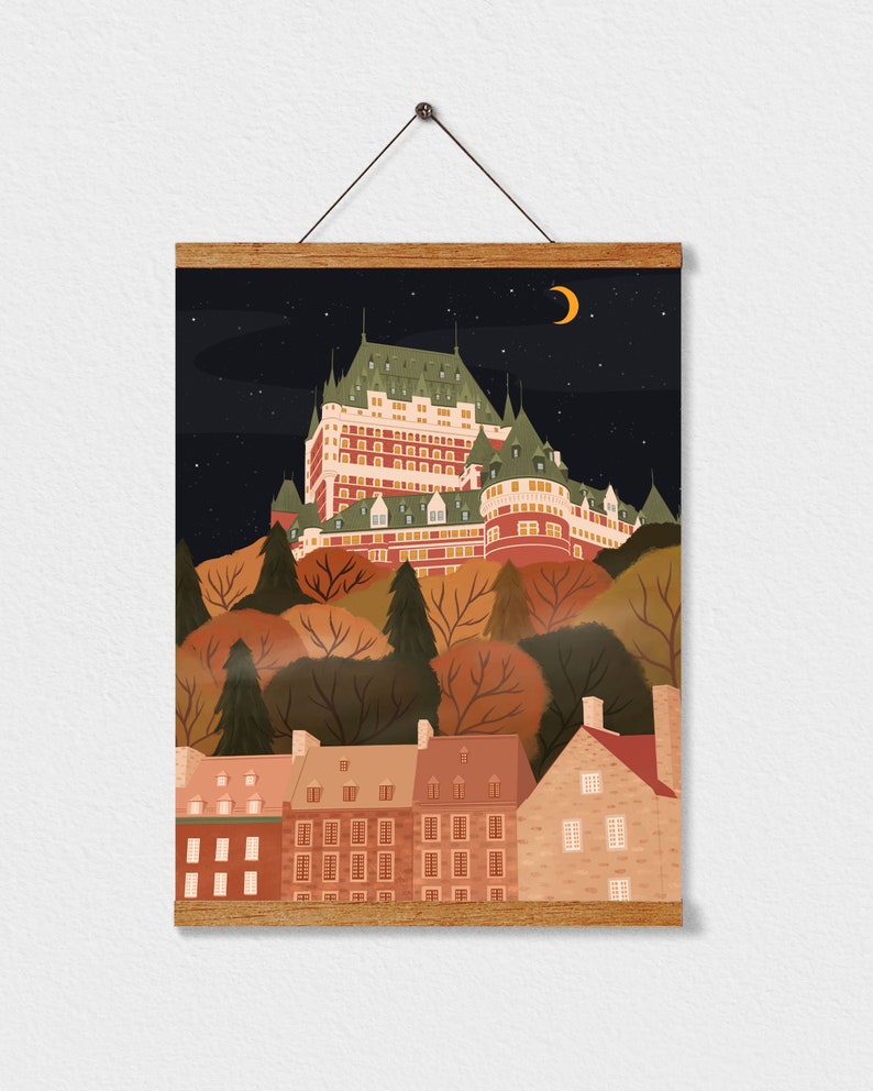 May include: A digital illustration of a cityscape at night with a large castle-like building on a hilltop. The castle is lit up with yellow windows and has a green roof. The city below is made up of smaller buildings with red roofs. The sky is dark blue with a crescent moon and stars.