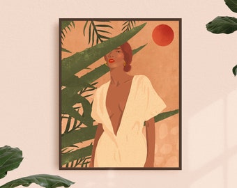 Black Woman in the Jungle Art Print, African American Art, Terracotta Wall Art, Tropical Art, Botanical Print, Black Girl Wall Art