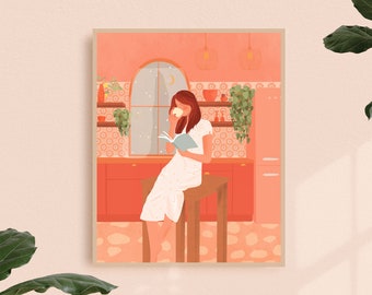Woman Drinking Coffee in Pink Kitchen Poster, Colorful Illustration Wall Art for Coffee Lover, Boho Decor Art Print