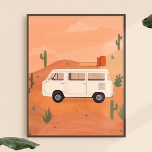 Campervan Art Print, Travel Poster, Boho Van Life Wall Art, California Desert Adventure Art Print, Cactus Wall Art Print, Terracotta Art