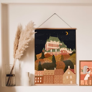 May include: A digital illustration of a red brick building with a green roof, surrounded by trees and houses. The building is set against a dark blue night sky with stars and a crescent moon.