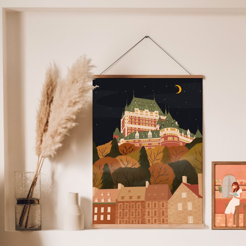 May include: A digital illustration of a red brick building with a green roof, surrounded by trees and houses. The building is set against a dark blue night sky with stars and a crescent moon.