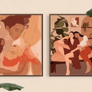 Queer Lesbian Art Prints Set of 2, Gallery Wall Set of 2 Terracotta Wall Art, Boho Woman Illustration Print Set of 2, Gay Feminist Art