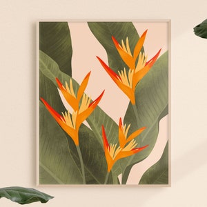 Impresión artística de ave del paraíso, impresión floral de verano, arte de pared botánico, impresión moderna, impresión de arte tropical, arte de baño tropical, impresión de arte de la jungla