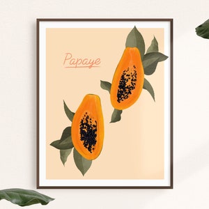 Papaya Botanical Print, Kitchen Wall Art, Fruit Illustration Print, Orange Botanical Illustration Wall Art, Plant Print, Papaya Fruit Poster