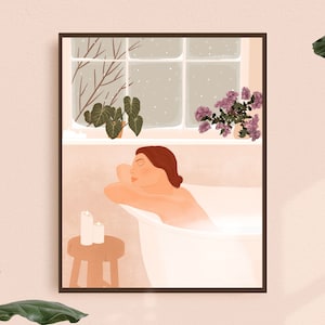 Plant Lady Taking A Bath Art Print, Home illustration print, Art print, Woman illustration, Wall art, Peaceful botanical illustration