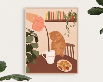 Stampa artistica "Gatto rosso che fa una pausa caffè": decorazione per bar e cucina (download digitale)
