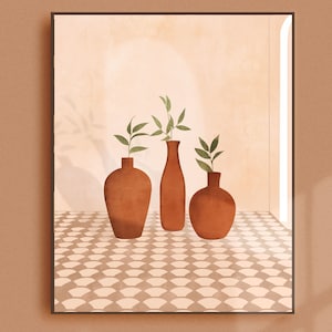 Lámina de cerámica y plantas mediterráneas, arte de pared neutro, póster de jarrones abstractos